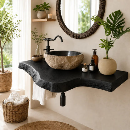 Live Edge Epoxy Vanity Shelf | Asymmetric Solid Wood Floating Bathroom Counter Lynnsnail