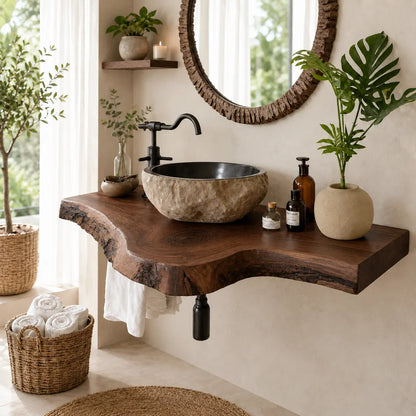 Live Edge Epoxy Vanity Shelf | Asymmetric Solid Wood Floating Bathroom Counter Lynnsnail