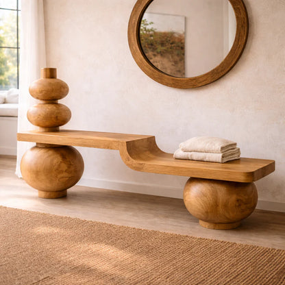 Sculptural Solid Wood Bench, Modern Artistic Entryway Statement Seating