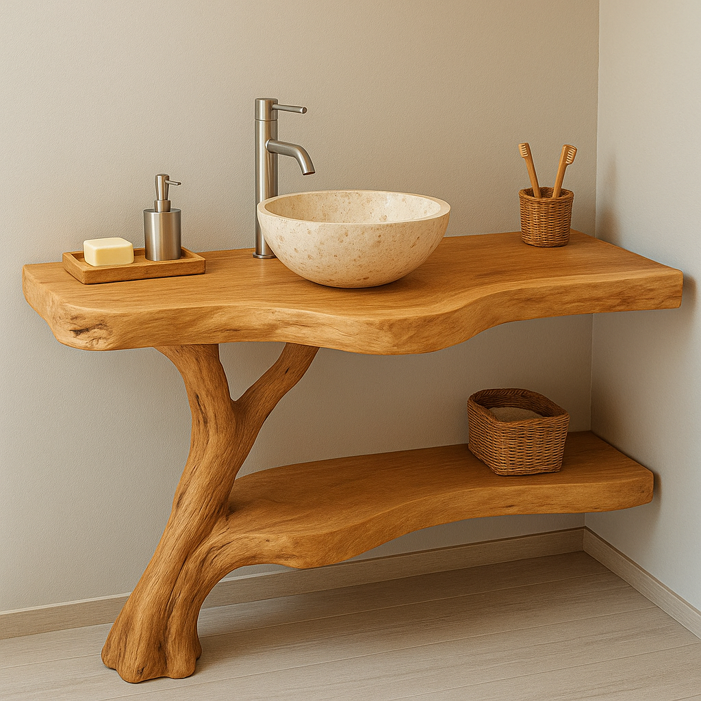 Handcrafted Solid Wood Bathroom Vanity – Live Edge Corner Design with Natural Finish Lynnsnail