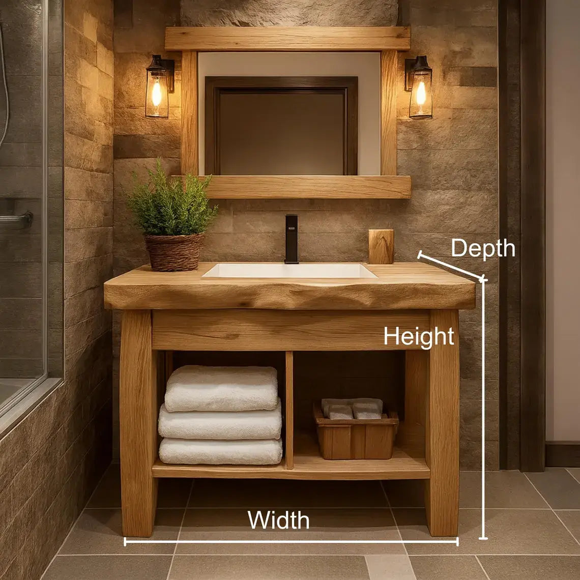 Handcrafted Solid Wood Bathroom Vanity with Natural Live Edge and Open Shelf Rustic Design Lynnsnail