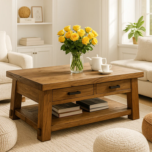 Handcrafted Solid Wood Coffee Table – Rustic Farmhouse Table with Drawers and Storage Shelf