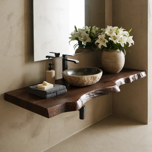 Live Edge Floating Vanity Shelf | Solid Wood Wall-Mounted Bathroom Counter Lynnsnail