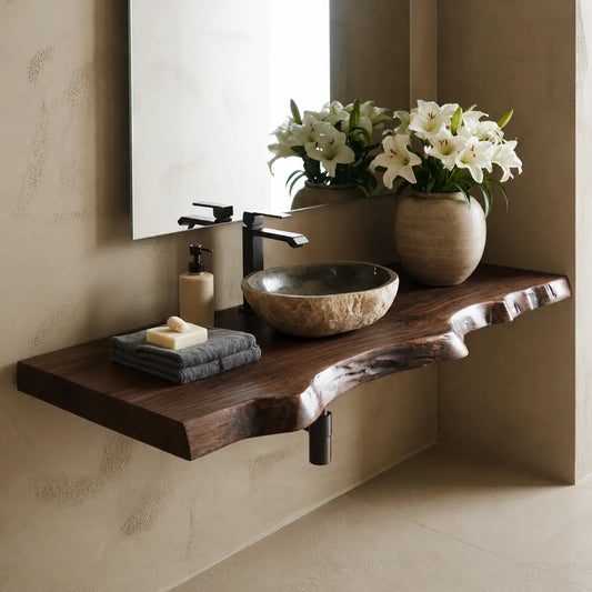 Live Edge Floating Vanity Shelf | Solid Wood Wall-Mounted Bathroom Counter Lynnsnail