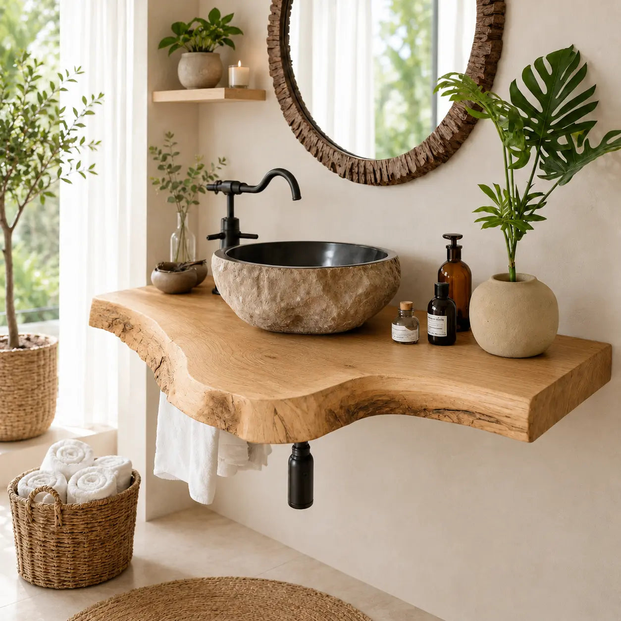 Live Edge Epoxy Vanity Shelf | Asymmetric Solid Wood Floating Bathroom Counter Lynnsnail