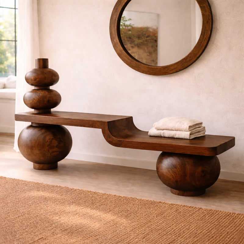 Sculptural Solid Wood Bench, Modern Artistic Entryway Statement Seating