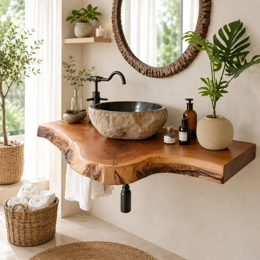 Live Edge Epoxy Vanity Shelf | Asymmetric Solid Wood Floating Bathroom Counter Lynnsnail