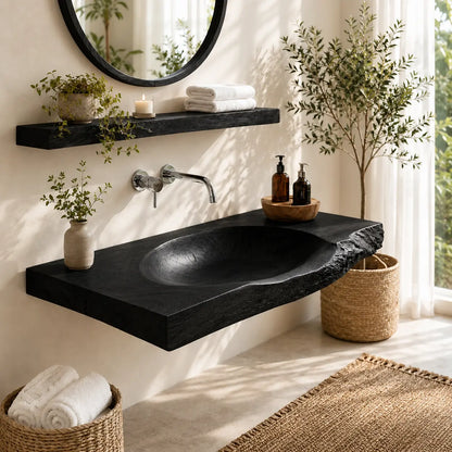 Live Edge Vanity & Shelf Set | Solid Wood Carved Sink Floating Bathroom Lynnsnail