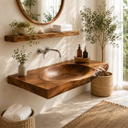 Live Edge Vanity & Shelf Set | Solid Wood Carved Sink Floating Bathroom Lynnsnail
