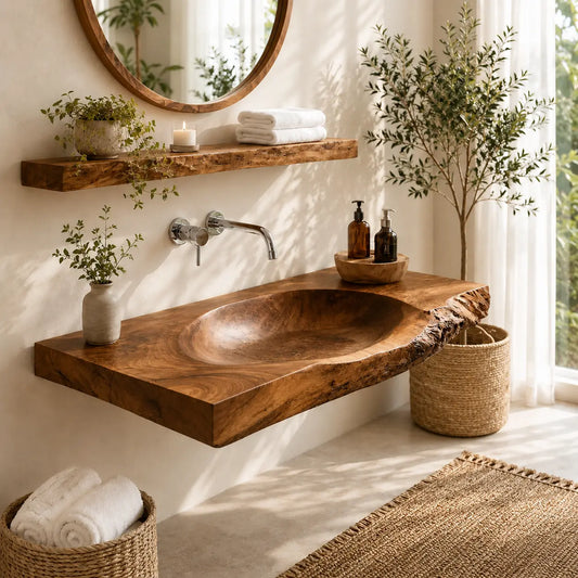 Live Edge Vanity & Shelf Set | Solid Wood Carved Sink Floating Bathroom Lynnsnail