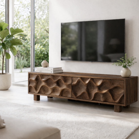 Solid Wood TV Cabinet with Wave Carved Doors Modern Wooden Media Console