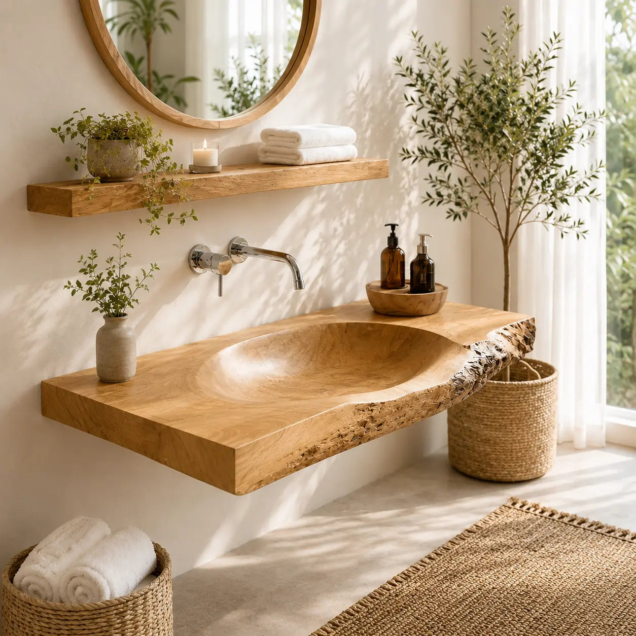 Live Edge Vanity & Shelf Set | Solid Wood Carved Sink Floating Bathroom Lynnsnail