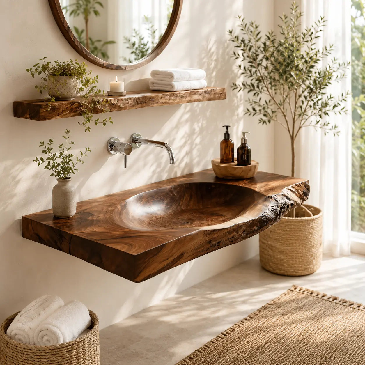 Live Edge Vanity & Shelf Set | Solid Wood Carved Sink Floating Bathroom Lynnsnail