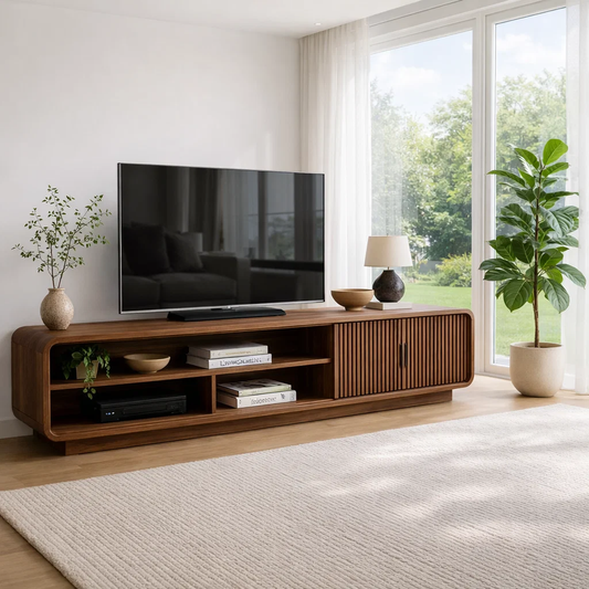 Solid Wood TV Cabinet with Slatted Doors – Modern Walnut Media Console