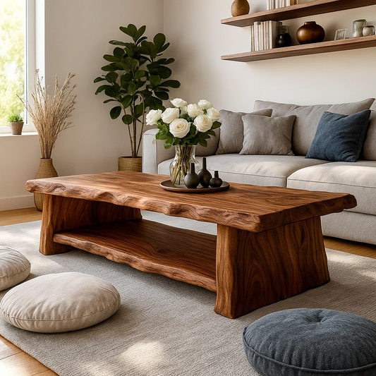 Handcrafted Solid Wood Coffee Table with Sculpted Live Edge – Organic Modern Wood Center Table for Sophisticated Living Spaces