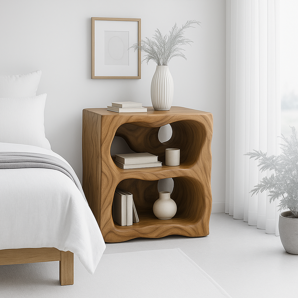 Handcrafted Solid Wood Nightstand – Organic Sculpted Bedside Table with Open Shelves Lynnsnail