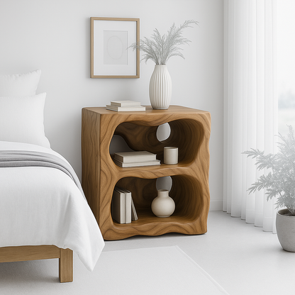 Handcrafted Solid Wood Nightstand – Organic Sculpted Bedside Table with Open Shelves Lynnsnail