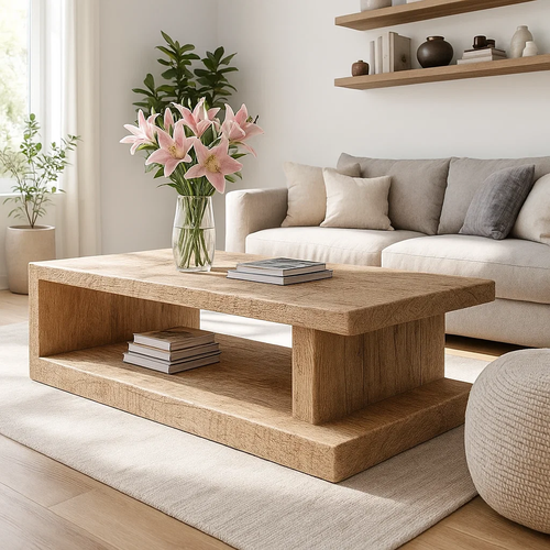 Handcrafted Solid Wood Coffee Table – Minimalist Design with Open Storage for Modern Living Lynnsnail
