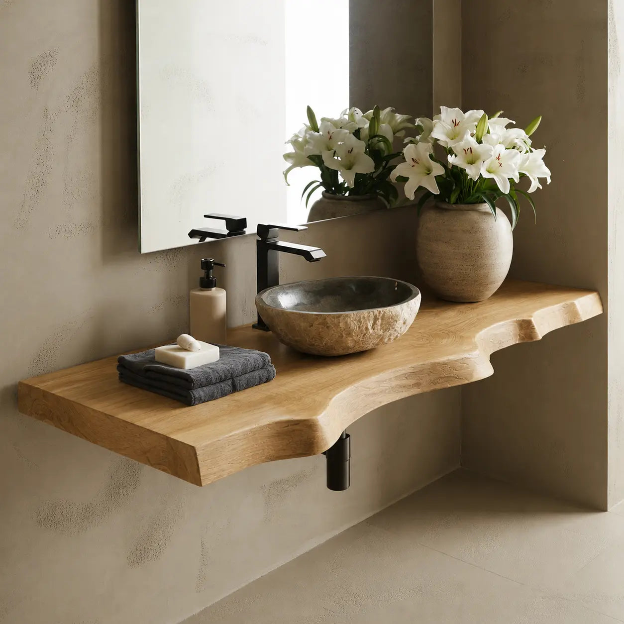 Live Edge Floating Vanity Shelf | Solid Wood Wall-Mounted Bathroom Counter Lynnsnail