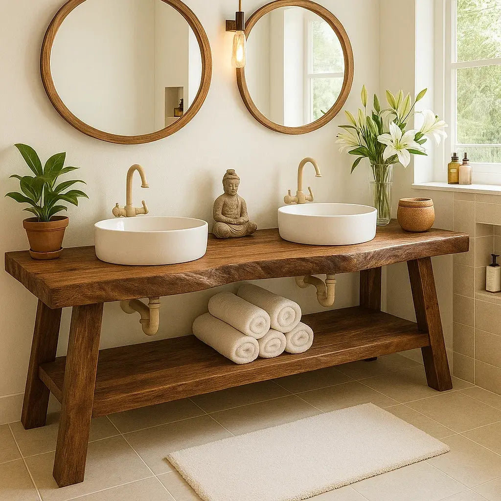 Handcrafted Double Solid Wood Bathroom Vanity with Drawers and Slatted Shelf for Modern Homes Lynnsnail