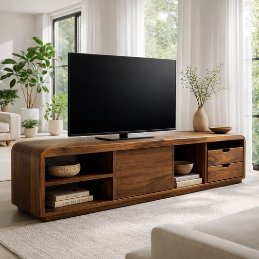 Solid Wood TV Cabinet with Rounded Edges – Modern Walnut Media Console