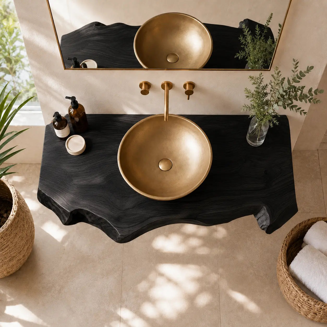 Dark Walnut Live Edge Vanity Shelf | Solid Wood Floating Bathroom Counter Lynnsnail
