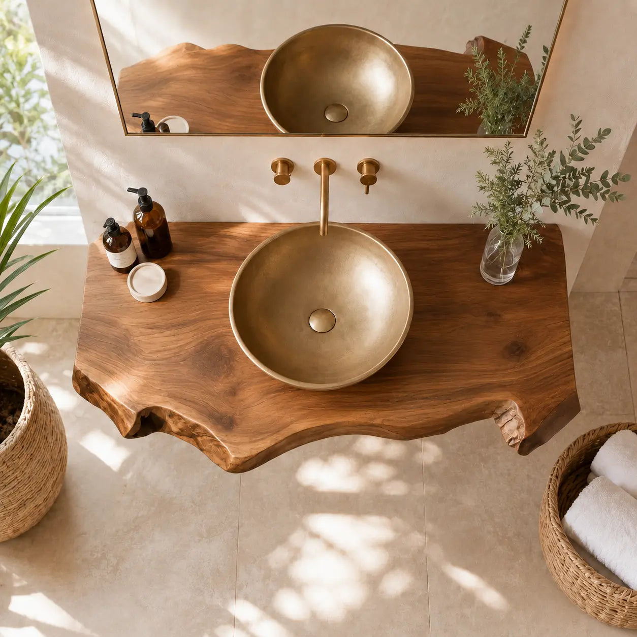 Dark Walnut Live Edge Vanity Shelf | Solid Wood Floating Bathroom Counter Lynnsnail