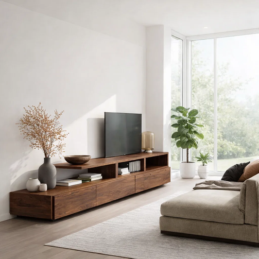 Solid Wood TV Cabinet with Open Shelf – Modern Walnut Media Console