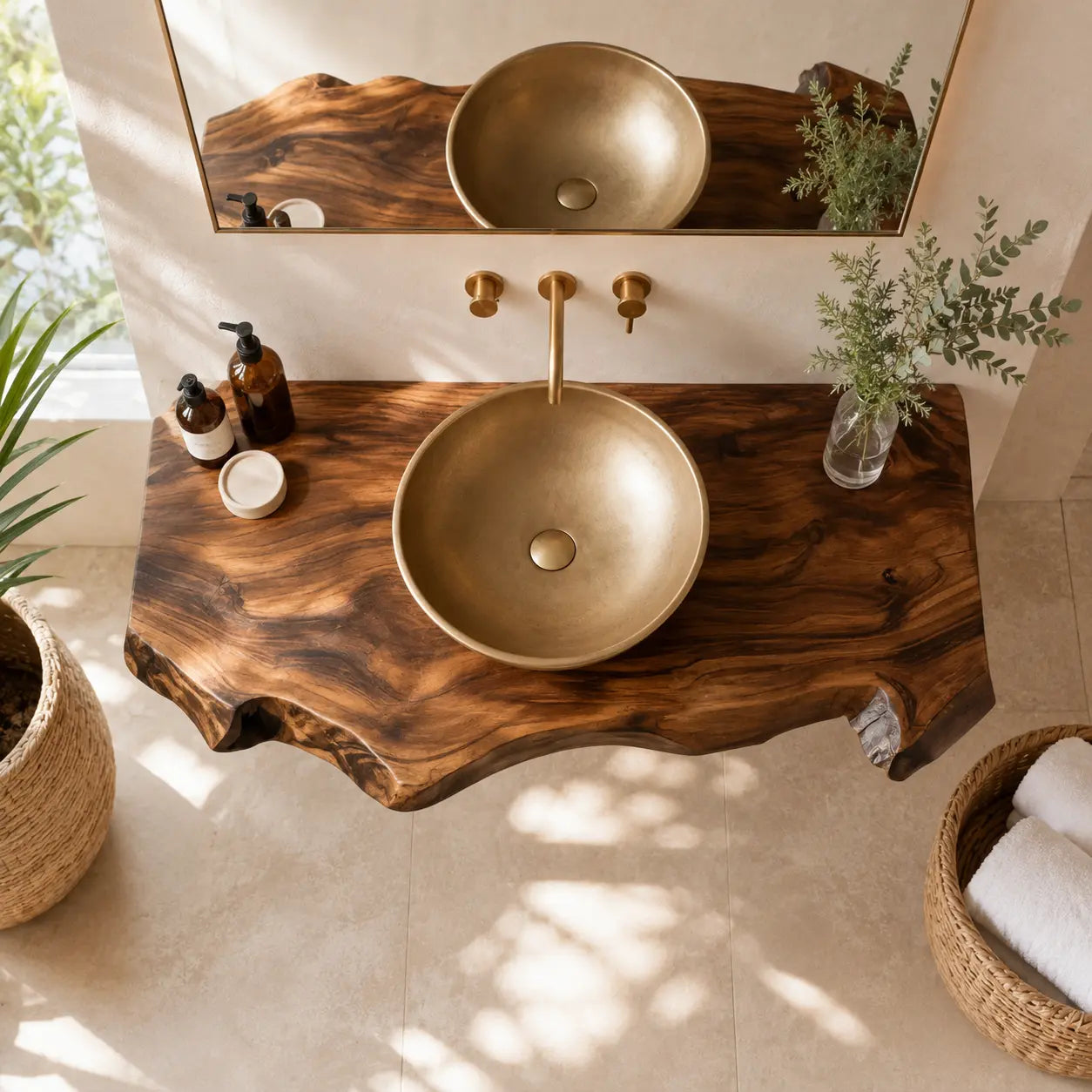 Dark Walnut Live Edge Vanity Shelf | Solid Wood Floating Bathroom Counter Lynnsnail