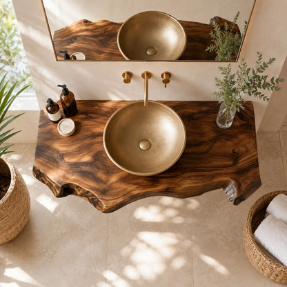 Dark Walnut Live Edge Vanity Shelf | Solid Wood Floating Bathroom Counter Lynnsnail