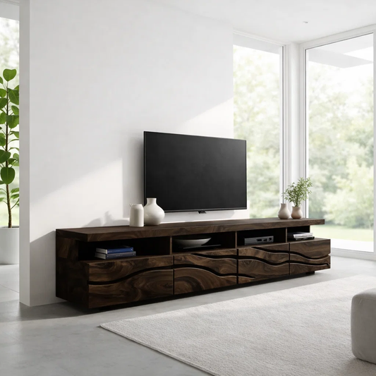 Solid Wood TV Cabinet with Wave Front – Modern Walnut Media Console