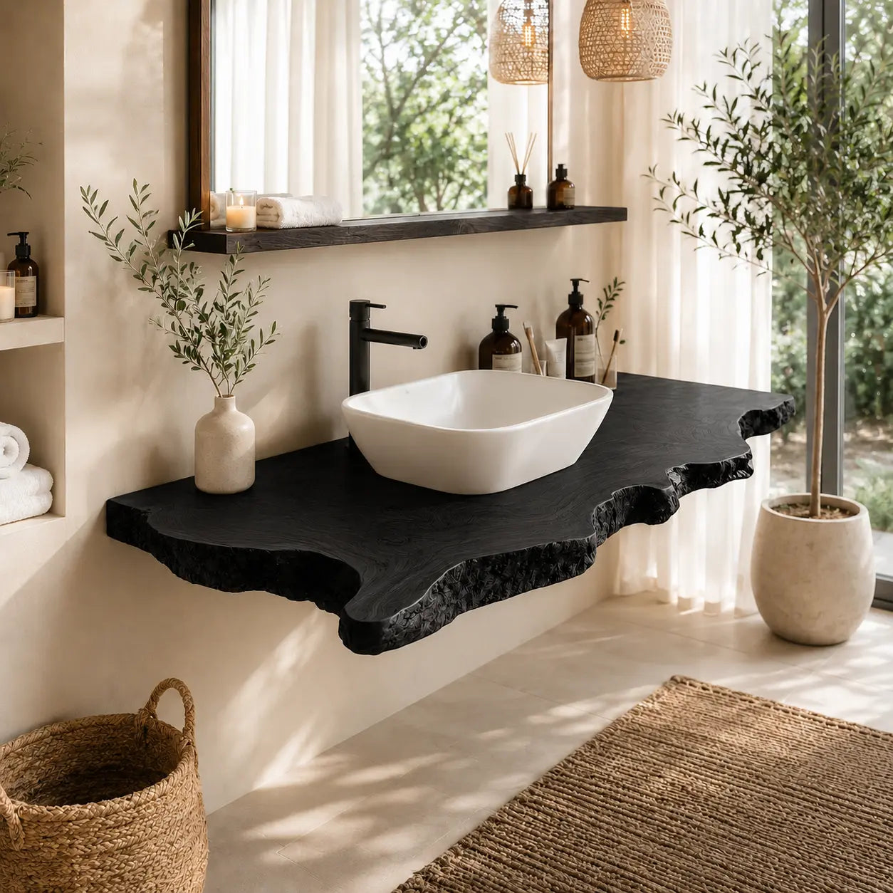 Bark Edge Floating Vanity Shelf | Natural Live Edge Solid Wood Bathroom Lynnsnail