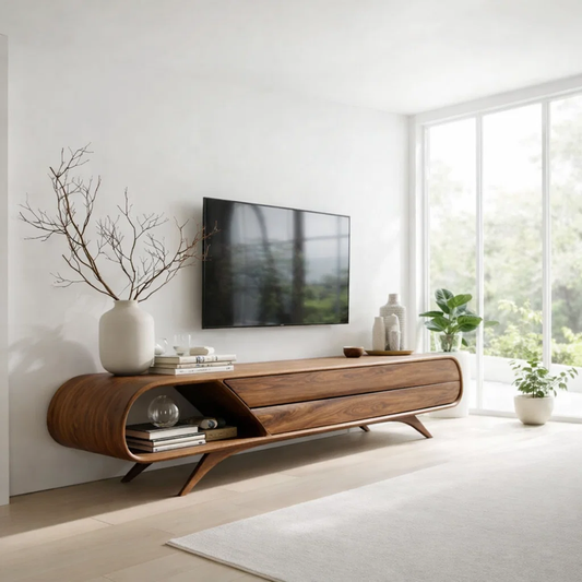 Solid Wood TV Cabinet Curved Modern Media Console