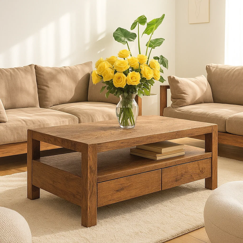 Handcrafted Solid Wood Coffee Table – Modern Rustic Center Table with Drawers and Open Shelf for Minimalist Living Room Décor Lynnsnail