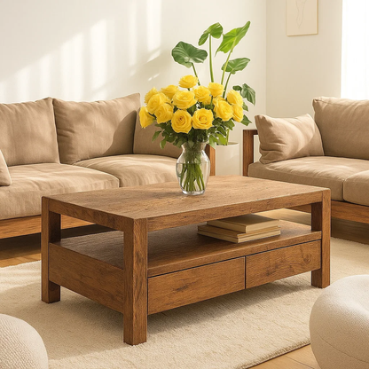 Handcrafted Solid Wood Coffee Table – Modern Rustic Center Table with Drawers and Open Shelf for Minimalist Living Room Décor Lynnsnail