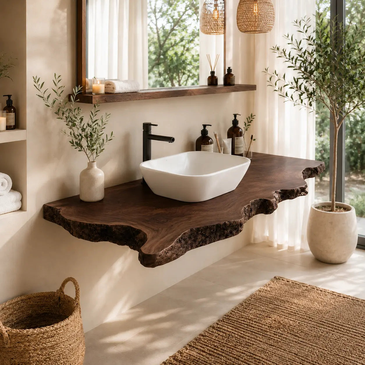 Bark Edge Floating Vanity Shelf | Natural Live Edge Solid Wood Bathroom Lynnsnail