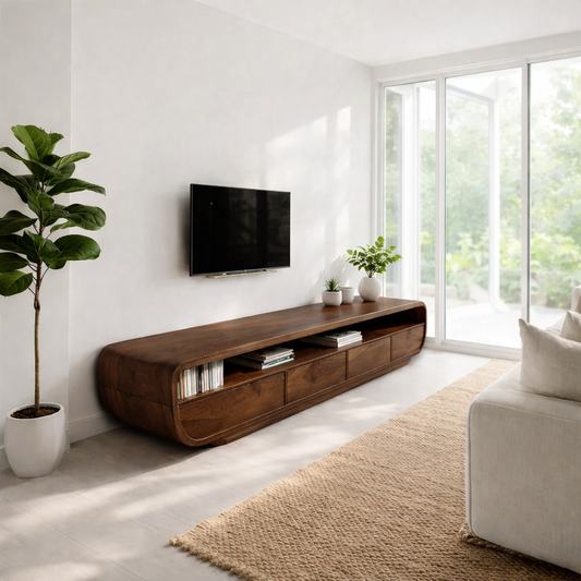 Solid Wood TV Cabinet Modern Curved Media Console with Storage