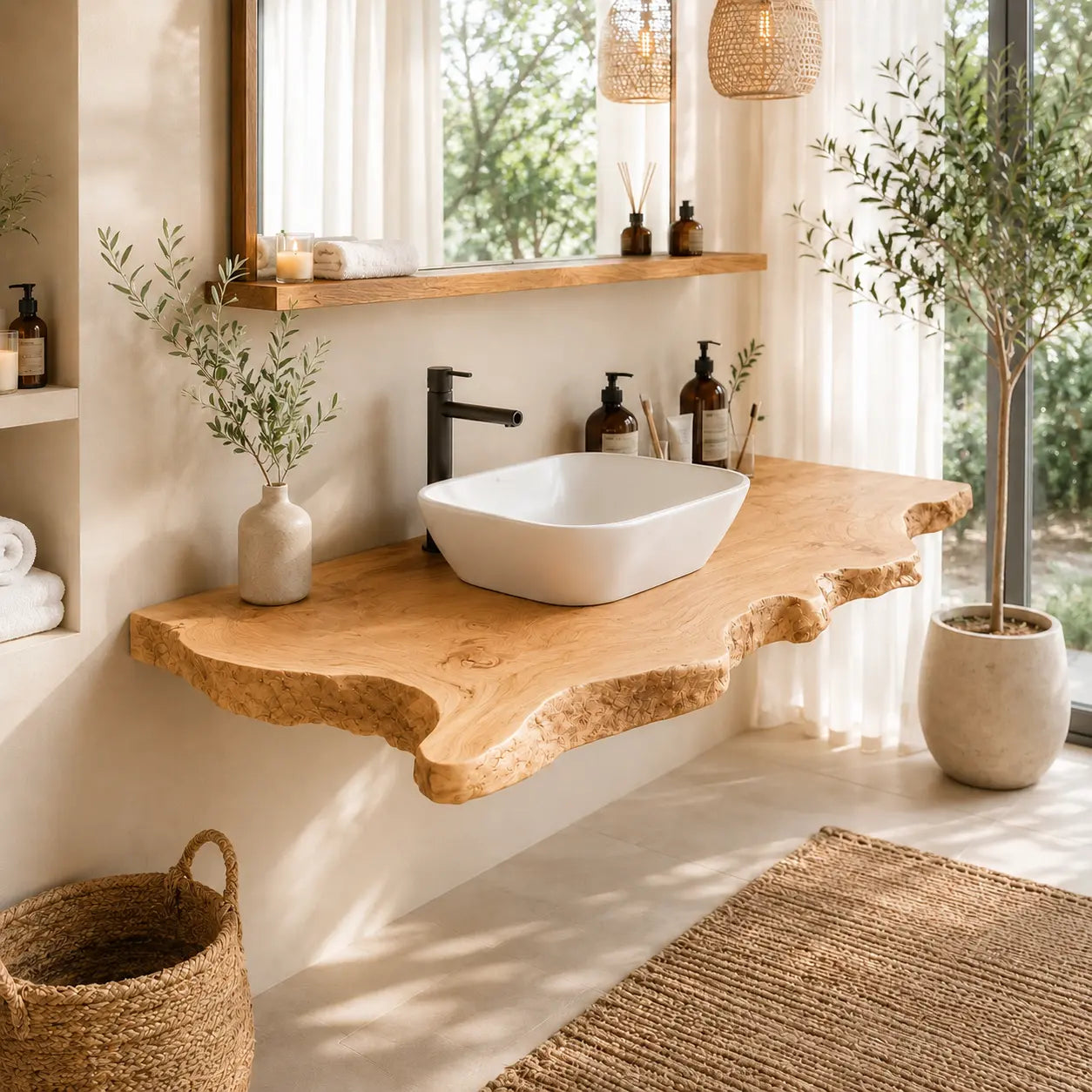 Bark Edge Floating Vanity Shelf | Natural Live Edge Solid Wood Bathroom Lynnsnail