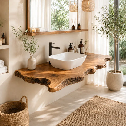 Bark Edge Floating Vanity Shelf | Natural Live Edge Solid Wood Bathroom Lynnsnail