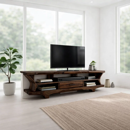 Solid Wood TV Cabinet with Live Edge – Rustic Oak Media Console