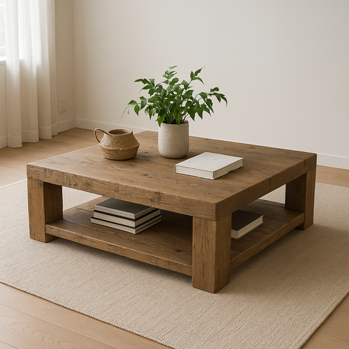 Handcrafted Solid Wood Coffee Table – Rustic Minimalist Square Center Table with Open Shelf for Japandi or Modern Living Room Lynnsnail