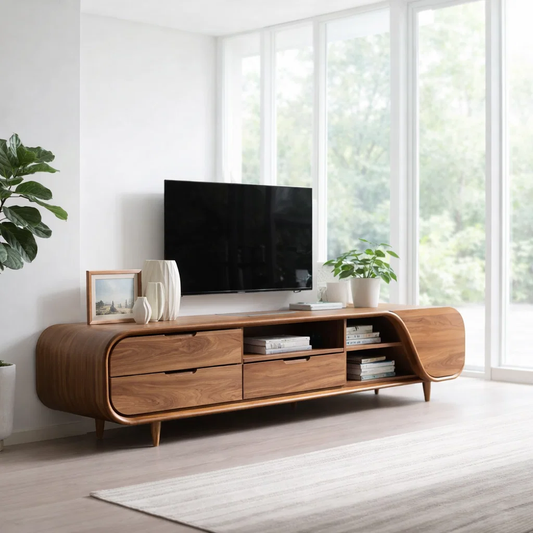 Solid Wood TV Cabinet Modern Curved Media Console with Drawers