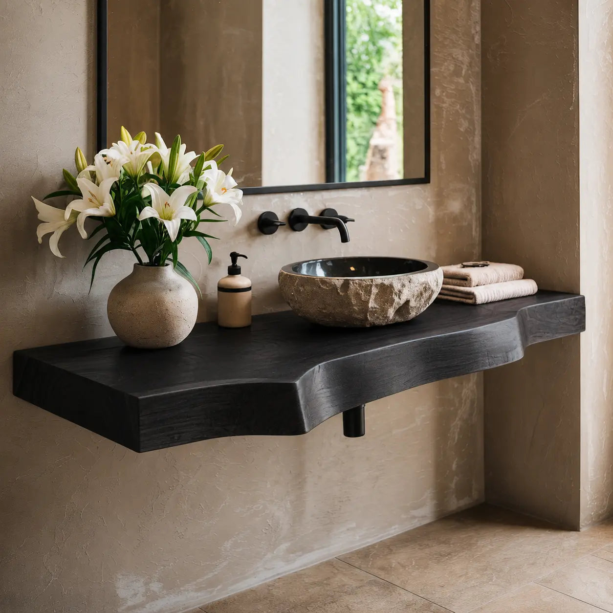Live Edge Bathroom Vanity Shelf | Solid Wood Floating Sink Counter Lynnsnail