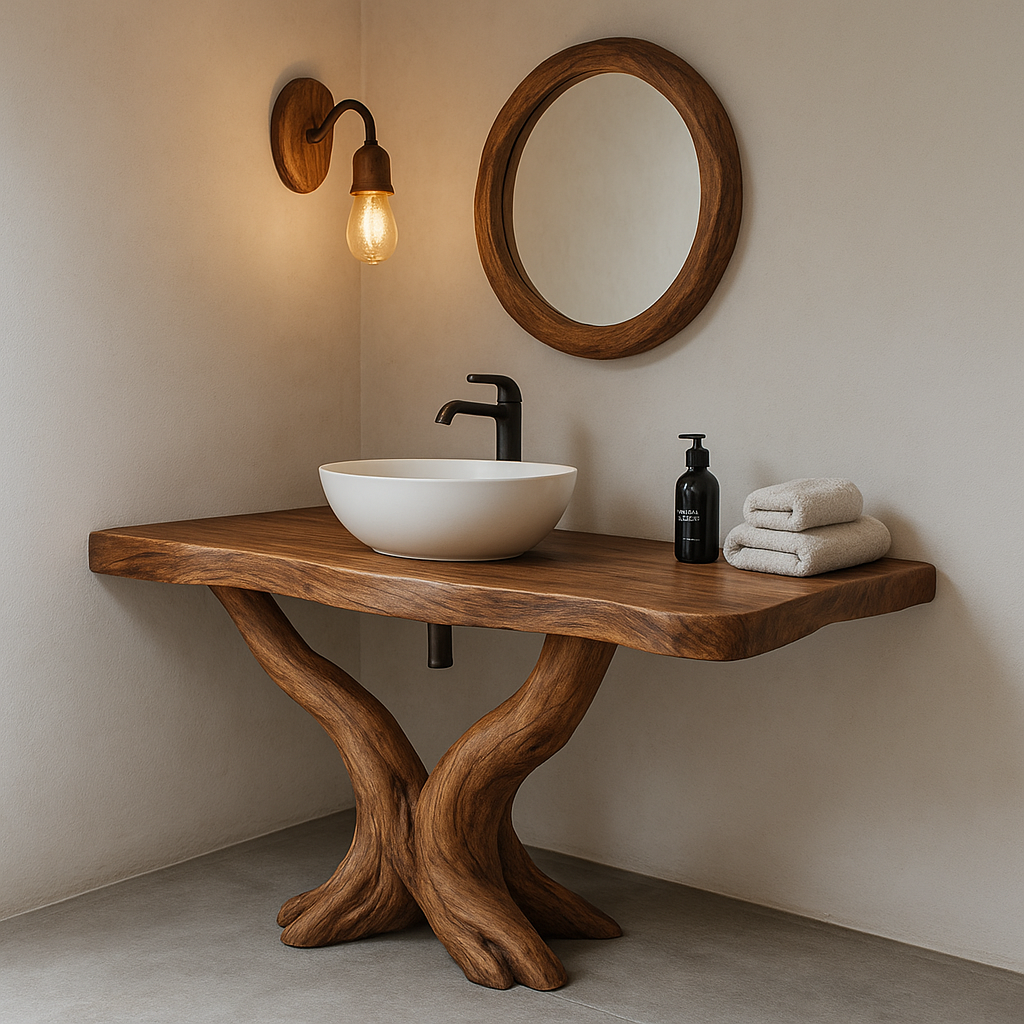 Handcrafted Solid Wood Bathroom Vanity – Rustic Natural Design with Curved Root Base Lynnsnail
