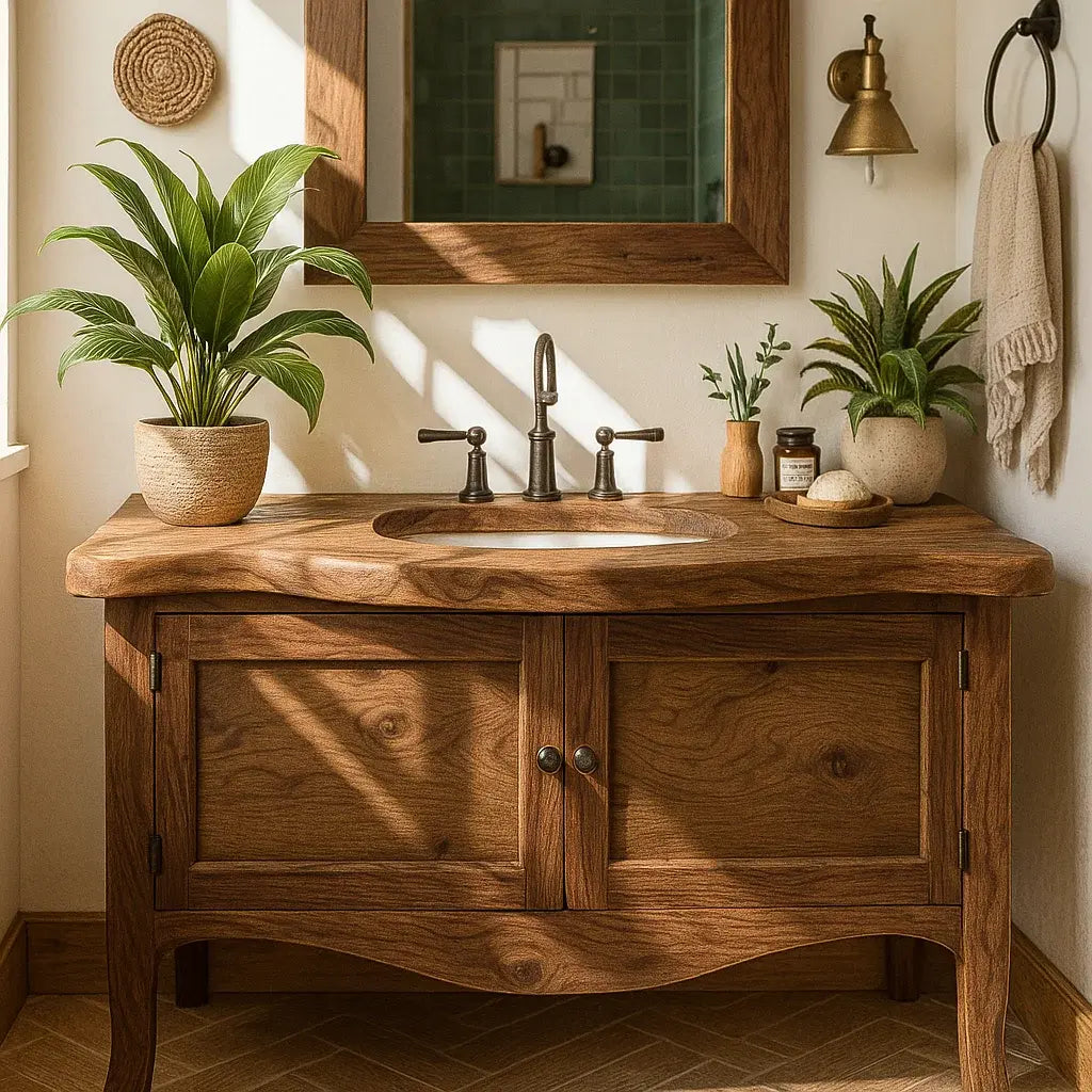 Handcrafted Solid Wood Bathroom Vanity with Curved Design and Double Door Storage Lynnsnail