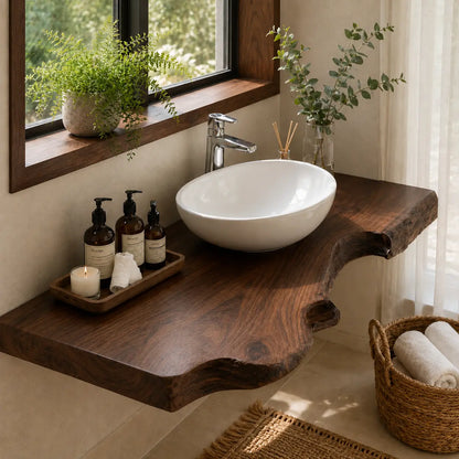 Live Edge Floating Vanity Shelf | Rich Grain Solid Wood Bathroom Counter Lynnsnail
