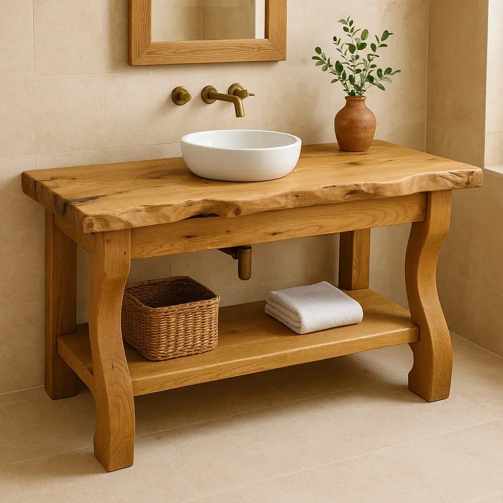 Handcrafted Solid Wood Bathroom Vanity with Curved Legs and Live Edge Countertop Lynnsnail