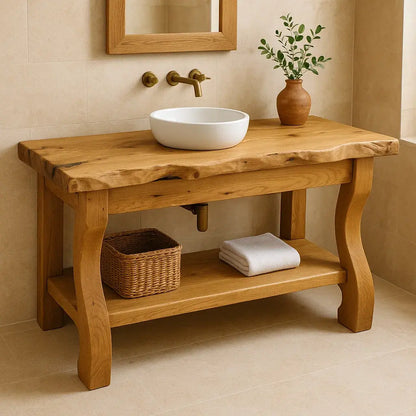 Handcrafted Solid Wood Bathroom Vanity with Curved Legs and Live Edge Countertop Lynnsnail