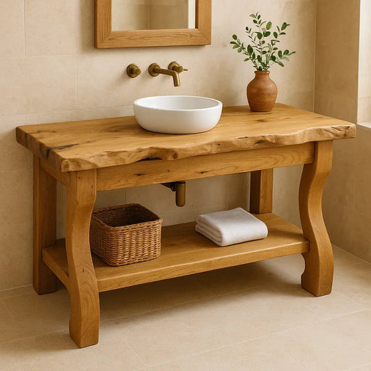 Handcrafted Solid Wood Bathroom Vanity with Curved Legs and Live Edge Countertop Lynnsnail