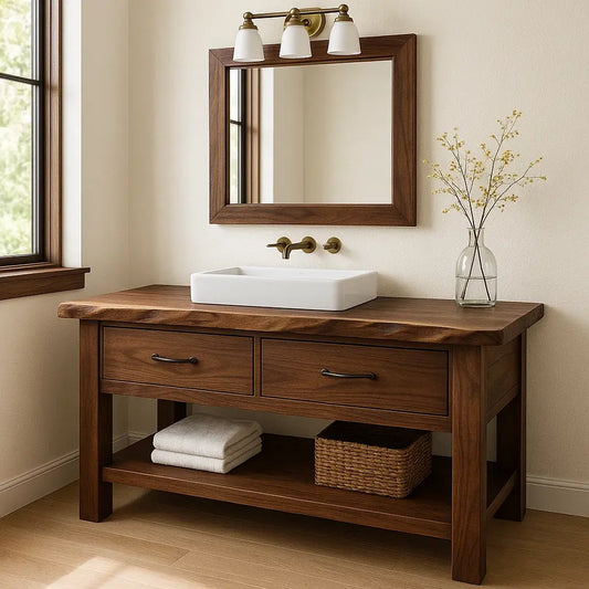 Handcrafted Solid Wood Bathroom Vanity with Live Edge Top and Double Drawer Storage Lynnsnail
